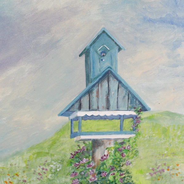 Oil Painting Blue Birdhouse Canvas 2013 Pat Domogalla Signed