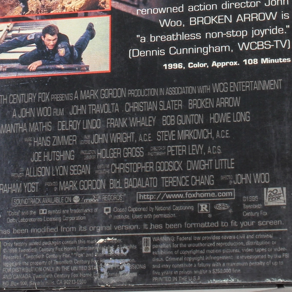 Broken Arrow VHS 1996 Movie John Travolta Christian Slater Action