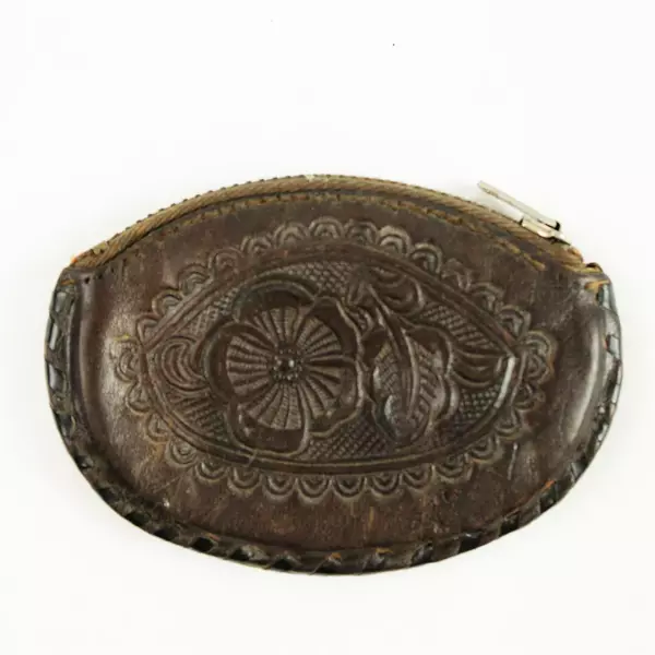 Mexican Hand-Tooled Leather Coin Purse Small Zippered Wallet