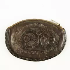 Mexican Hand-Tooled Leather Coin Purse Small Zippered Wallet