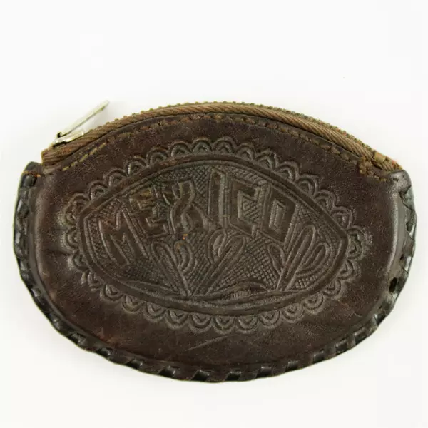 Mexican Hand-Tooled Leather Coin Purse Small Zippered Wallet
