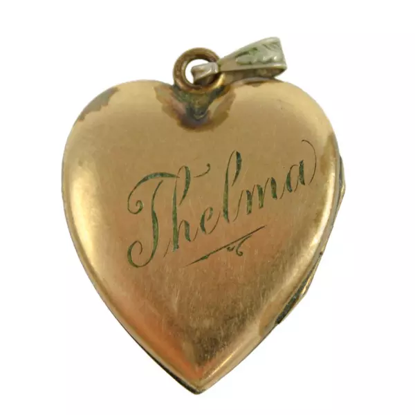 Vintage Black Enamel Heart Gold Photo Locket Engraved w/ Thelma