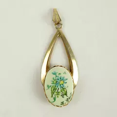 Vintage Hand-Painted Porcelain Floral Pendant Gold-Tone 1.5in