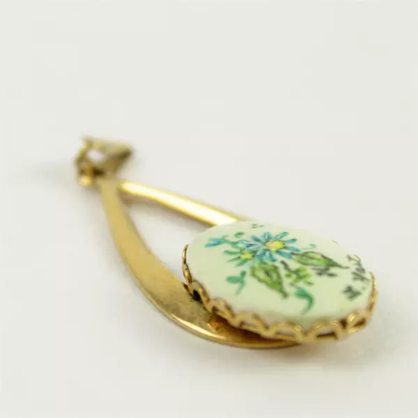 Vintage Hand-Painted Porcelain Floral Pendant Gold-Tone 1.5in