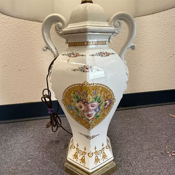 Vintage Hand Painted Gold Trim Porcelain Urn Shaped Lamp Drum Shade