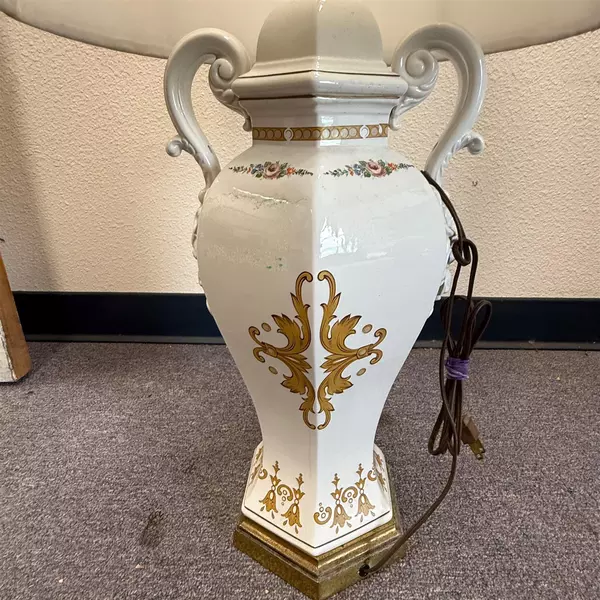 Vintage Hand Painted Gold Trim Porcelain Urn Shaped Lamp Drum Shade