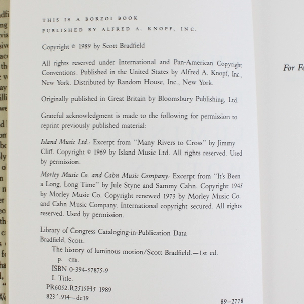 The History of Luminous Motion by Scott Bradfield 1989 HC DJ 1st American Ed