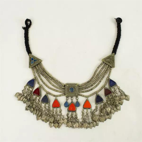 Vintage Afghan Silver Kuchi Tribal Necklace Blue Red Stones 16"