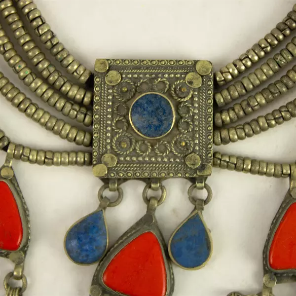 Vintage Afghan Silver Kuchi Tribal Necklace Blue Red Stones 16"
