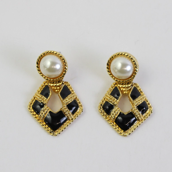 Vintage Faux Pearl and Black Enamel Gold-Tone Drop Earrings
