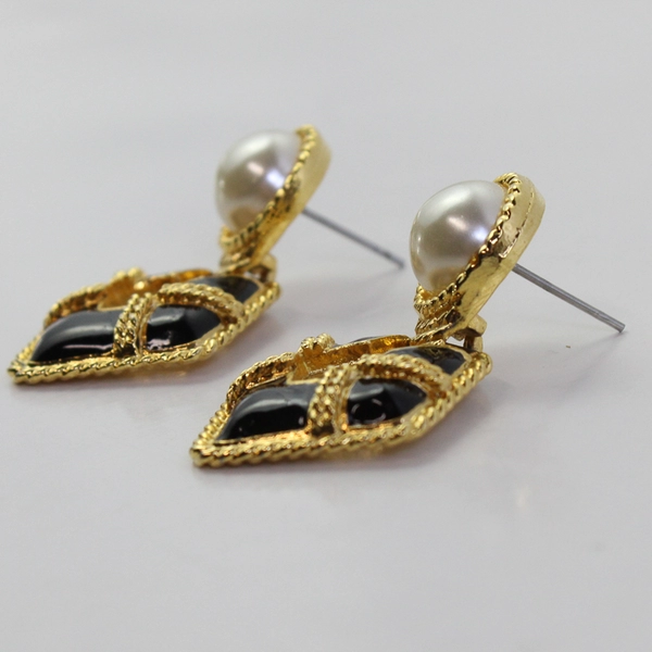 Vintage Faux Pearl and Black Enamel Gold-Tone Drop Earrings