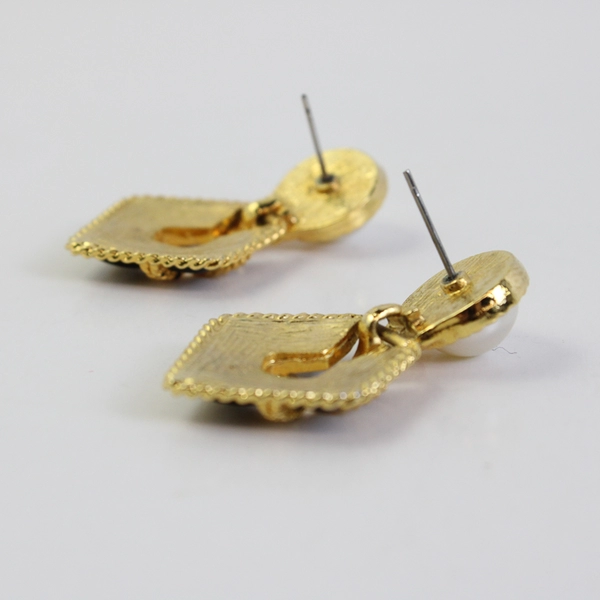 Vintage Faux Pearl and Black Enamel Gold-Tone Drop Earrings