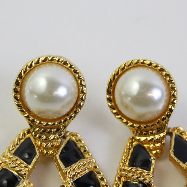 Vintage Faux Pearl and Black Enamel Gold-Tone Drop Earrings