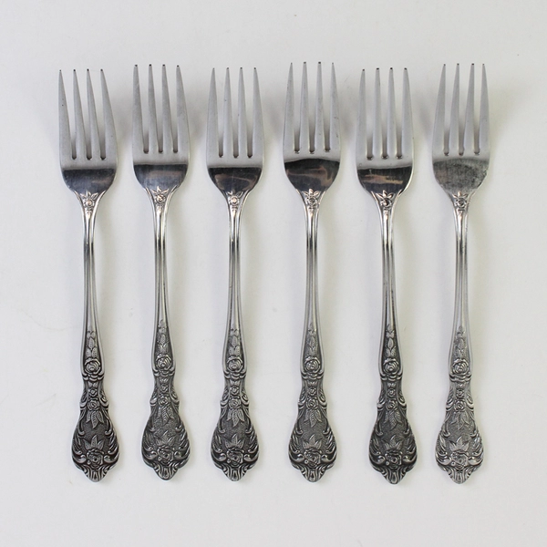 Lot of 6 Merchandise Service Rose Pattern Stainless Salad Forks 6.5"
