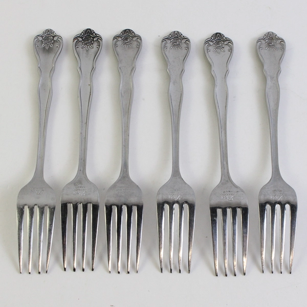 Lot of 6 Merchandise Service Rose Pattern Stainless Salad Forks 6.5"