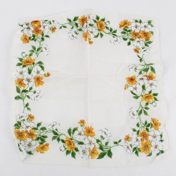 Vintage Women's Yellow and White Floral Handkerchief