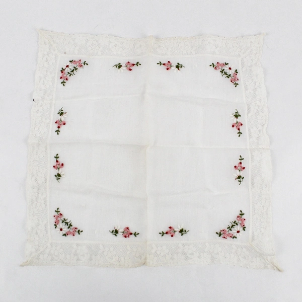Vintage Pink Flower Embroidered White Lace Trim Handkerchief
