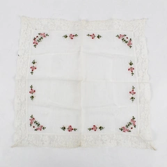 Vintage Pink Flower Embroidered White Lace Trim Handkerchief
