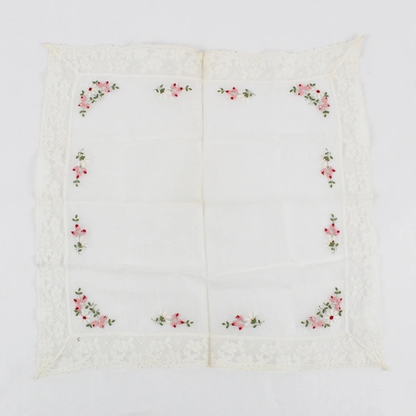 Vintage Pink Flower Embroidered White Lace Trim Handkerchief