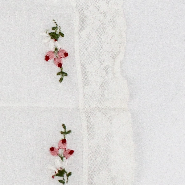 Vintage Pink Flower Embroidered White Lace Trim Handkerchief
