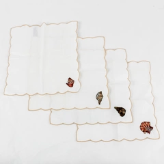 Set of 4 Women's Seashell Embroidered White Handkerchiefs