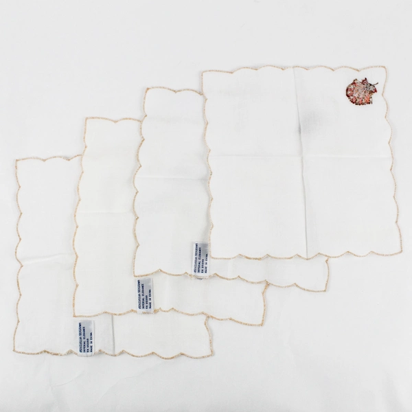 Set of 4 Women's Seashell Embroidered White Handkerchiefs