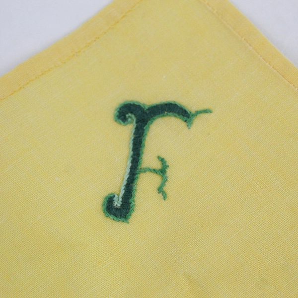 Vintage F Monogram Green Embroidery On Yellow Handkerchief