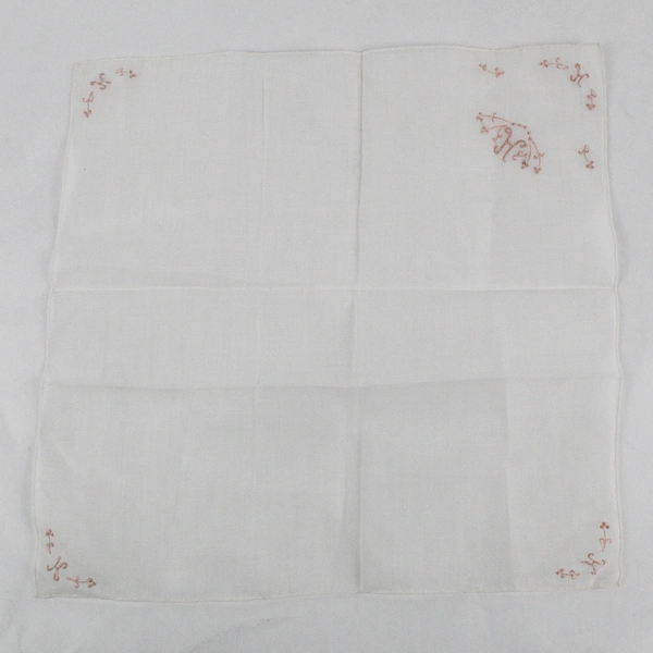 Vintage H Monogram Pink Embroidery On Sheer White Handkerchief