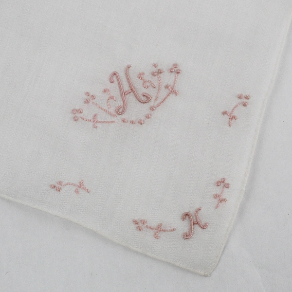 Vintage H Monogram Pink Embroidery On Sheer White Handkerchief
