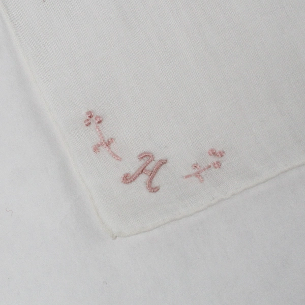 Vintage H Monogram Pink Embroidery On Sheer White Handkerchief
