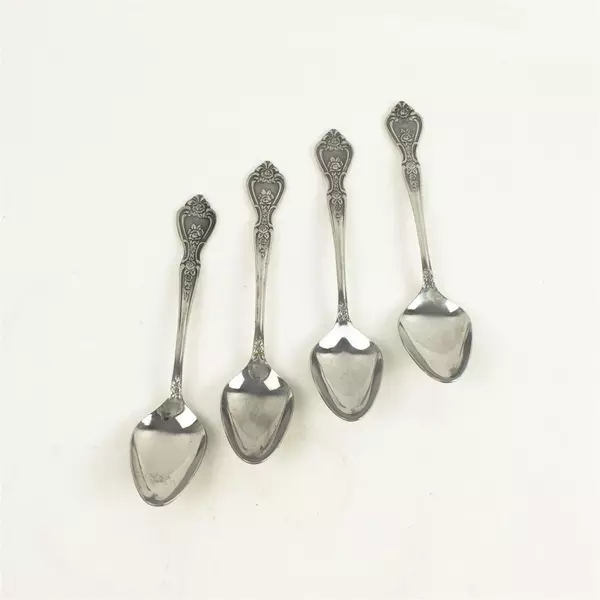 Set of 4 Vintage Normandy Rose Pattern Stainless Steel Oval Soup Spoons