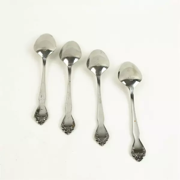 Set of 4 Vintage Normandy Rose Pattern Stainless Steel Oval Soup Spoons