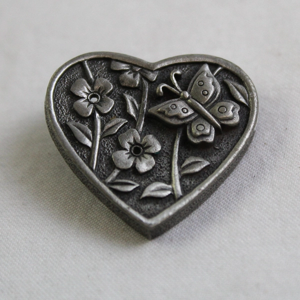Vintage JJ Jonette Pewter Butterfly Floral Heart Brooch