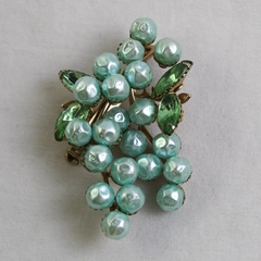 Vintage Blue Faux Pearl and Green Rhinestone Grape Cluster Brooch