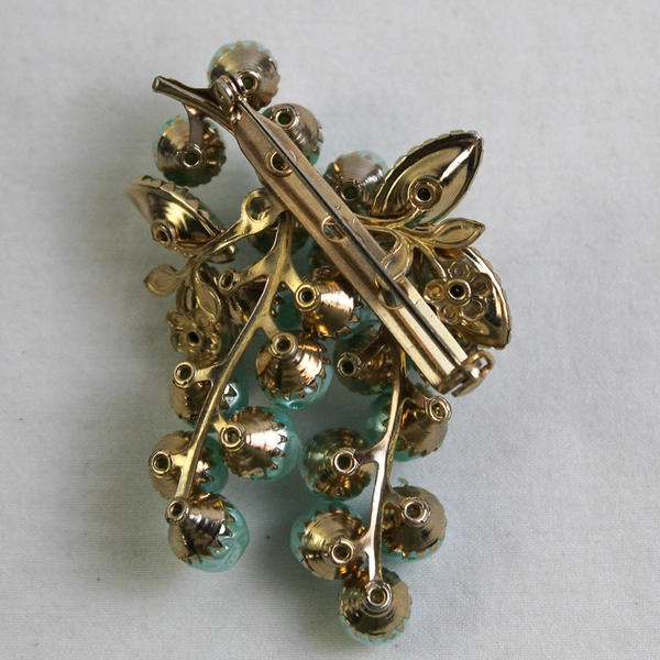 Vintage Blue Faux Pearl and Green Rhinestone Grape Cluster Brooch