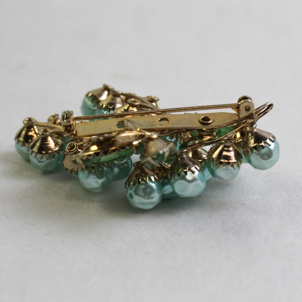 Vintage Blue Faux Pearl and Green Rhinestone Grape Cluster Brooch