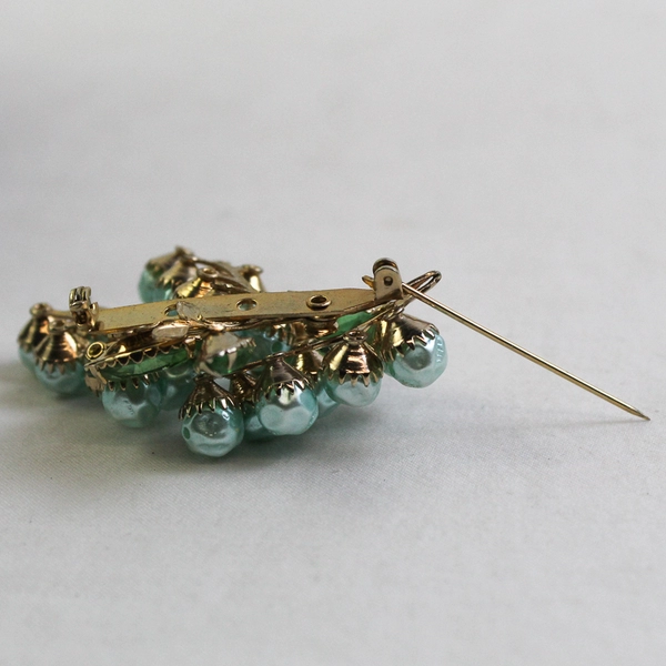 Vintage Blue Faux Pearl and Green Rhinestone Grape Cluster Brooch