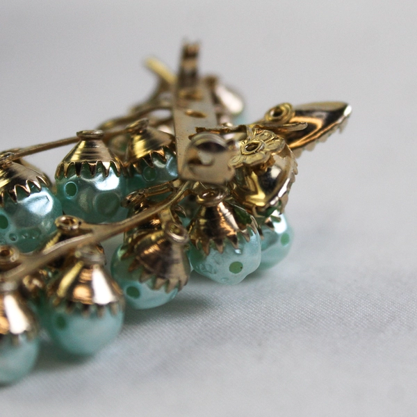 Vintage Blue Faux Pearl and Green Rhinestone Grape Cluster Brooch