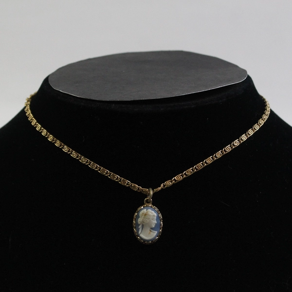 Vintage Avon Cameo Pendant Necklace Blue, White, and Gold-Toned