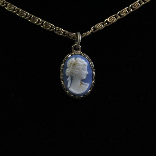 Vintage Avon Cameo Pendant Necklace Blue, White, and Gold-Toned
