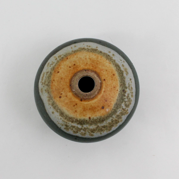 Handmade Unmarked Green/Orange Round Ceramic Vase 3.25" Tall Decorative