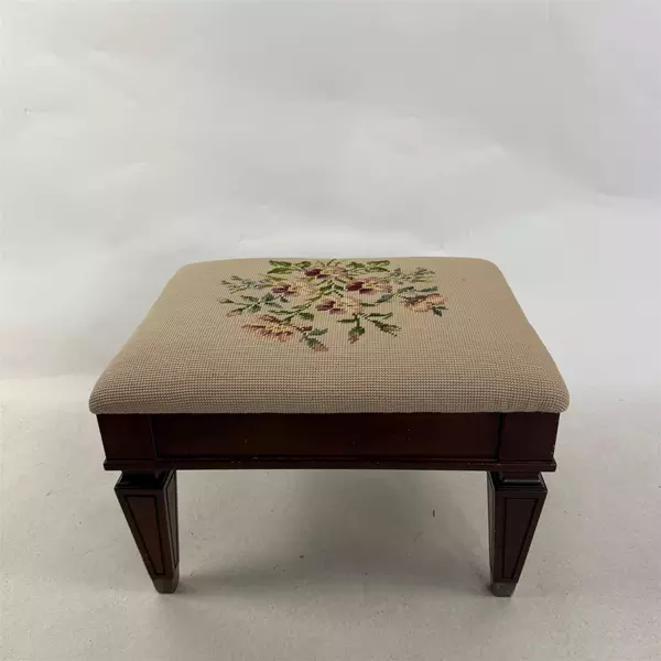 Vintage Needlepoint Victorian Style Floral White Upholstered Foot Stool