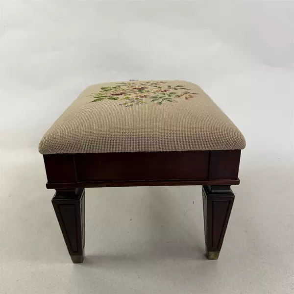 Vintage Needlepoint Victorian Style Floral White Upholstered Foot Stool