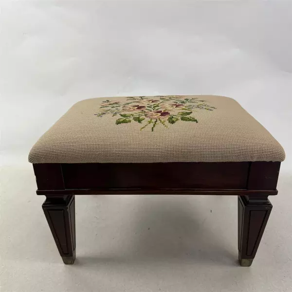 Vintage Needlepoint Victorian Style Floral White Upholstered Foot Stool