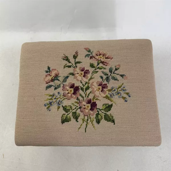 Vintage Needlepoint Victorian Style Floral White Upholstered Foot Stool
