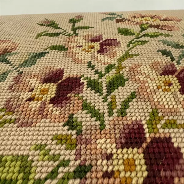 Vintage Needlepoint Victorian Style Floral White Upholstered Foot Stool