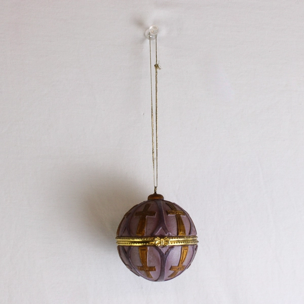Purple and Gold Trim Hinged Trinket Ball Hanging Ornament Crosses