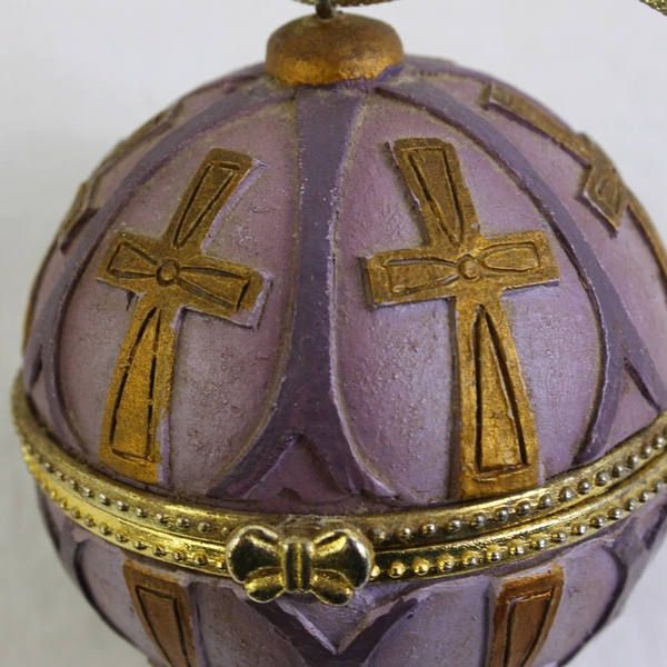 Purple and Gold Trim Hinged Trinket Ball Hanging Ornament Crosses