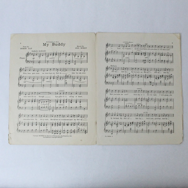 Antique 1919 Sheet Music "My Buddy" Neil Moret Byron Gay for Piano