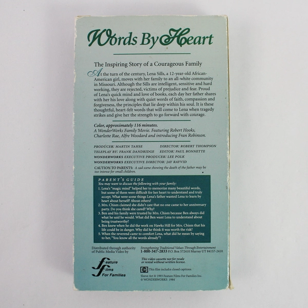 Words By Heart 1984 Film 1993 VHS Feature Films For Families - Good Condition